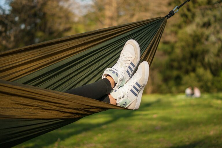 De betovering van een hangmat met standaard in de tuin